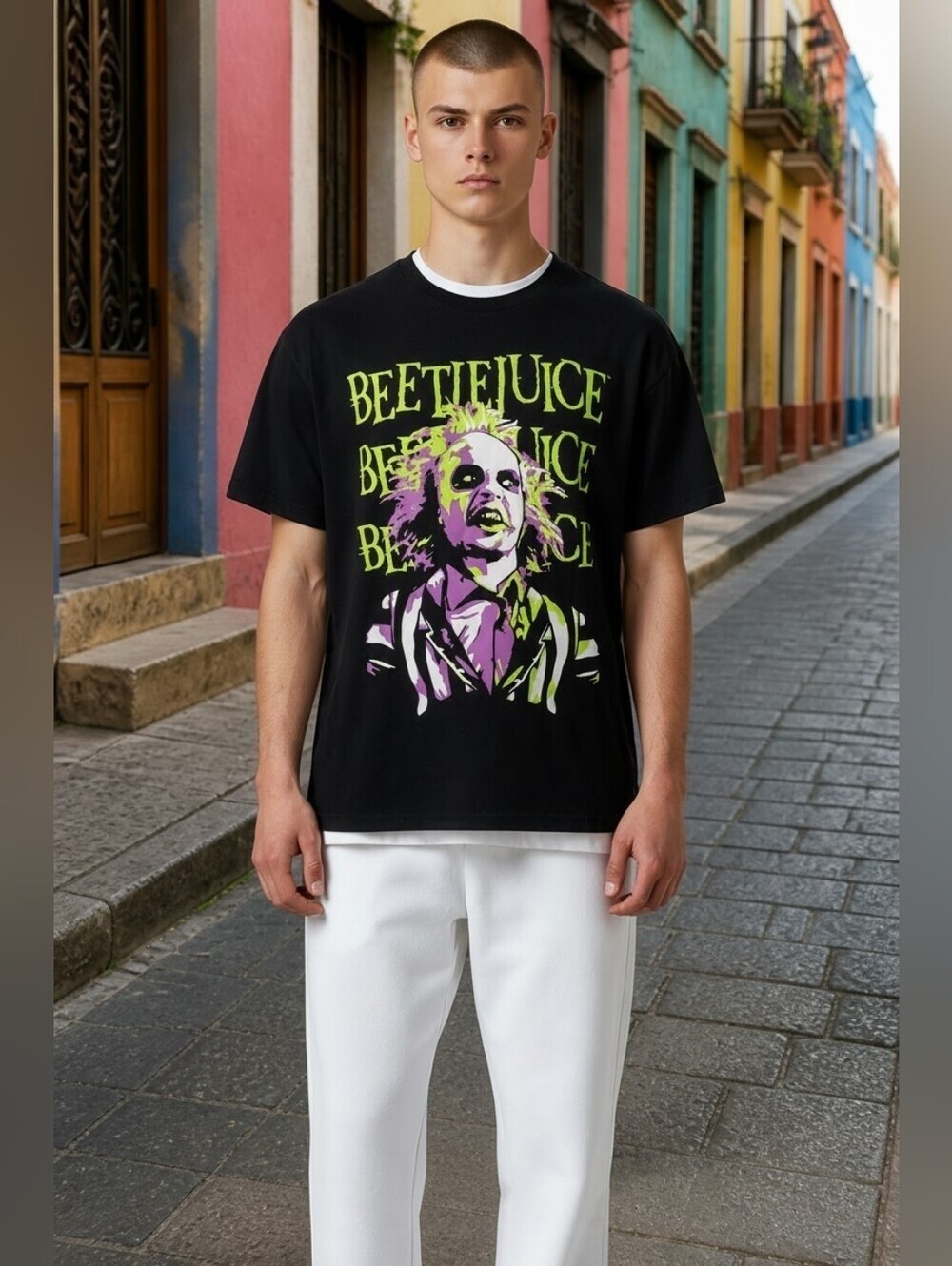 Beetlejuice Movie Size L Michael Keaton Black Crew Neck Tee Shirt Graphic Logo